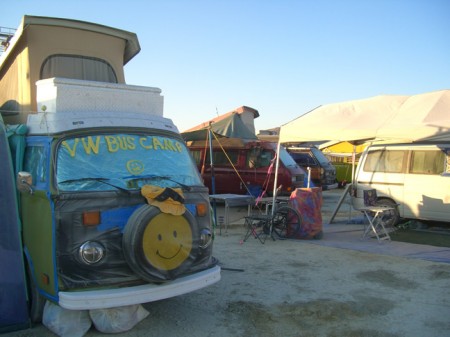The inhabitants of the VW Bus Camp travel in groups