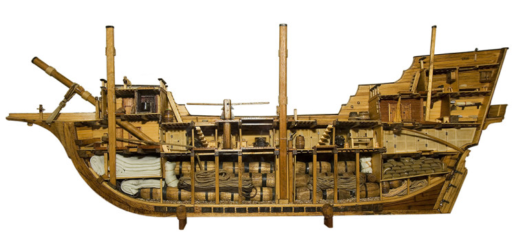 Model of a typical merchantman of the 17th century, showing the cramped conditions that had to be endured but also showing the use of space. Every inch is justly occupied. Photo courtesy of Musphot on Wikimedia Commons