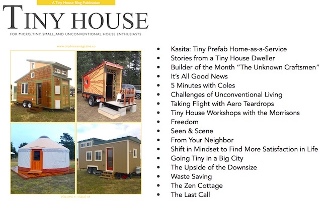 Tiny House Magazine Issue 44 cover and table of contents