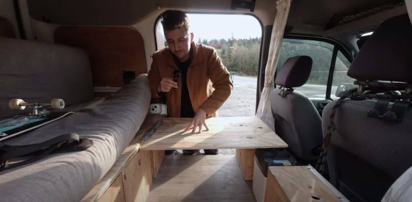 Camper van bed being assembled