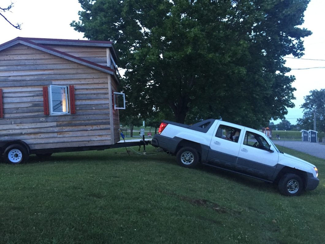 truck towing tiny house