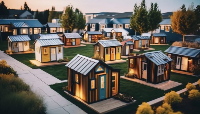 Tiny houses around a community area. AI generated.